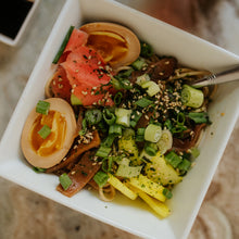 Load image into Gallery viewer, Sesame Noodle Bowl with an egg picked veggies and ginger Eat Smart RVA meal delivery service