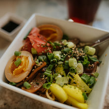 Load image into Gallery viewer, Sesame Noodle Bowl with an egg picked veggies and ginger Eat Smart RVA meal delivery service
