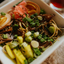 Load image into Gallery viewer, Sesame Noodle Bowl with an egg picked veggies and ginger Eat Smart RVA meal delivery service
