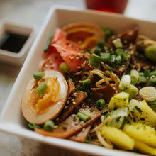 Load image into Gallery viewer, Sesame Noodle Bowl with an egg picked veggies and ginger Eat Smart RVA meal delivery service
